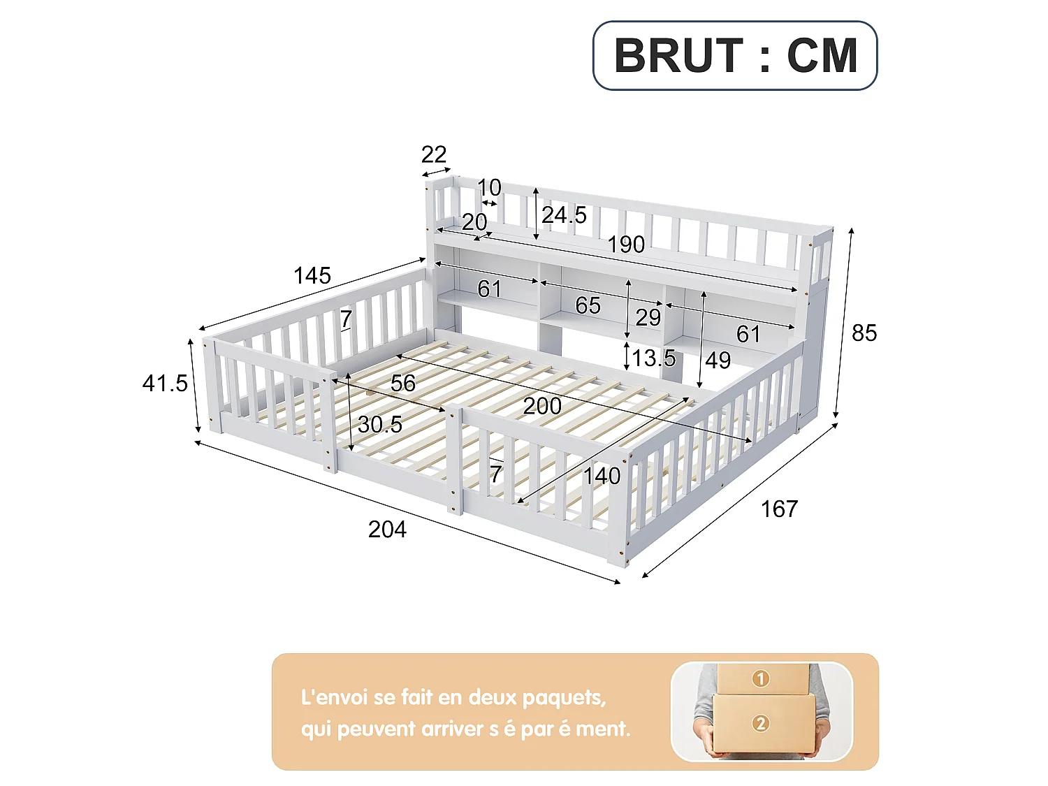 Lit Enfant 140x200 cm avec Bibliothèque, Lit au Sol avec Barrière de Sécurité et Sommier à Lattes, Cadre de Lit Montessori au Sol en Bois, Blanc