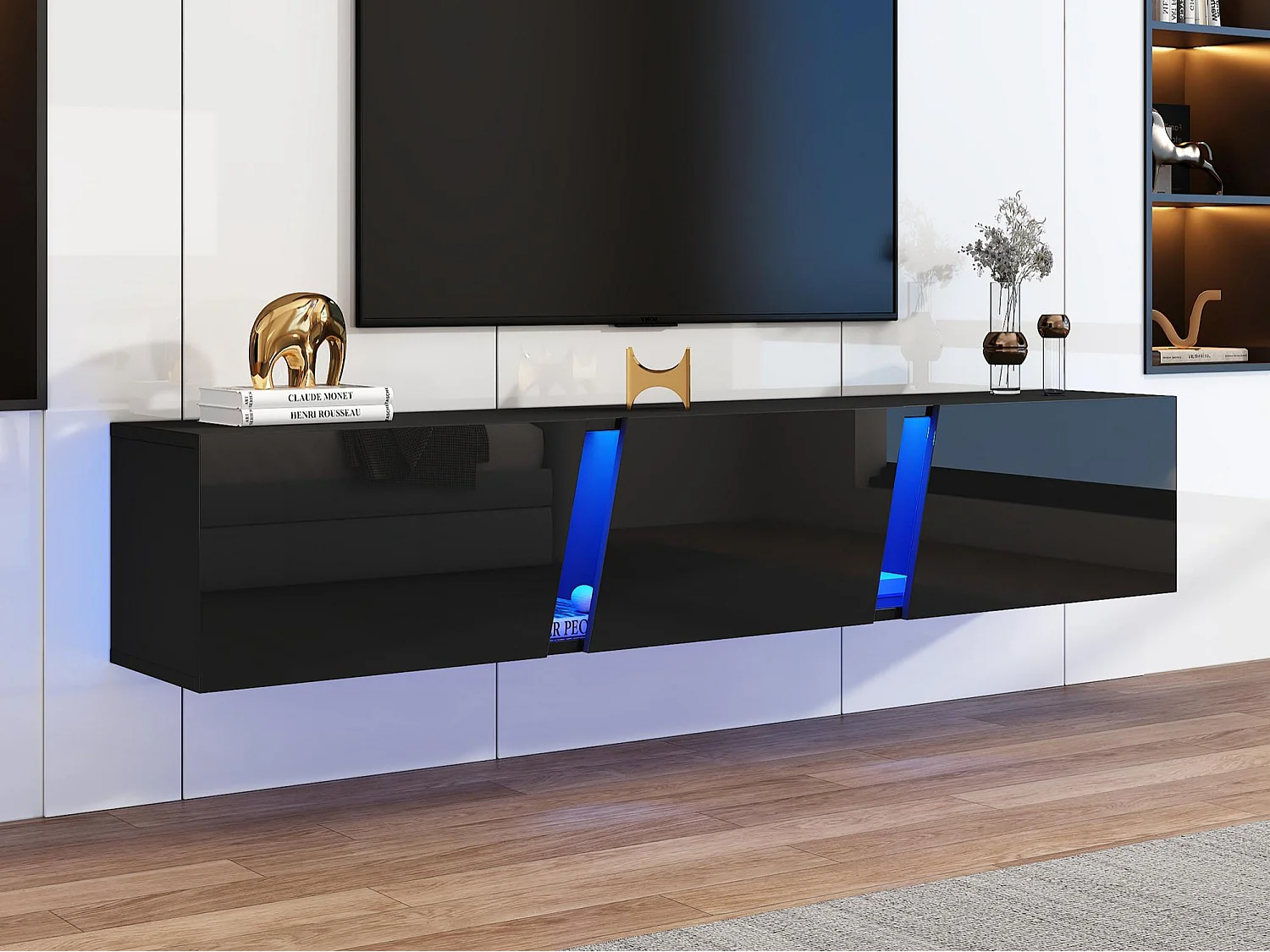 Wandmontiertes TV-Möbel 180x35x30 cm - LED-Beleuchtung - 3 Türen - Hochglanzoberfläche - Spanplatte - schwarz