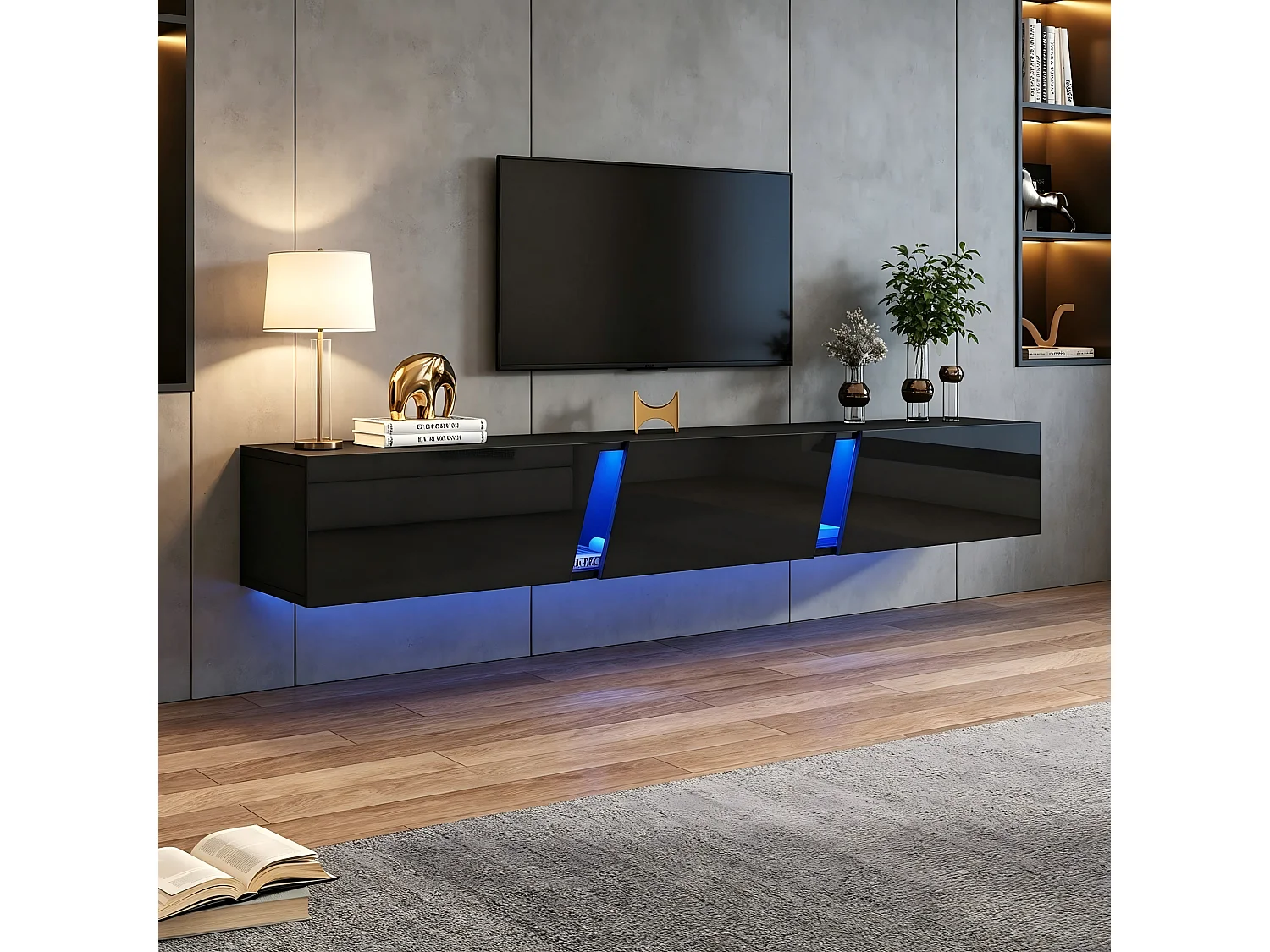Wandmontiertes TV-Möbel 180x35x30 cm - LED-Beleuchtung - 3 Türen - Hochglanzoberfläche - Spanplatte - schwarz