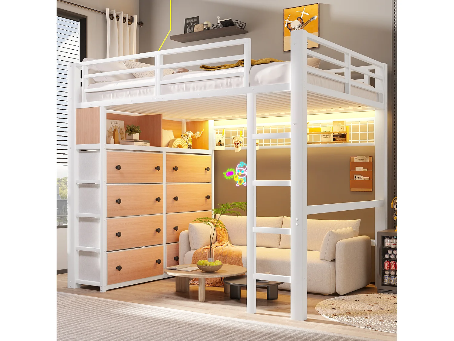 Cama alta em metal 140 × 200 cm - com 8 gavetas - com iluminação LED, prateleiras e painel perfurado - branco (colchão não incluído)