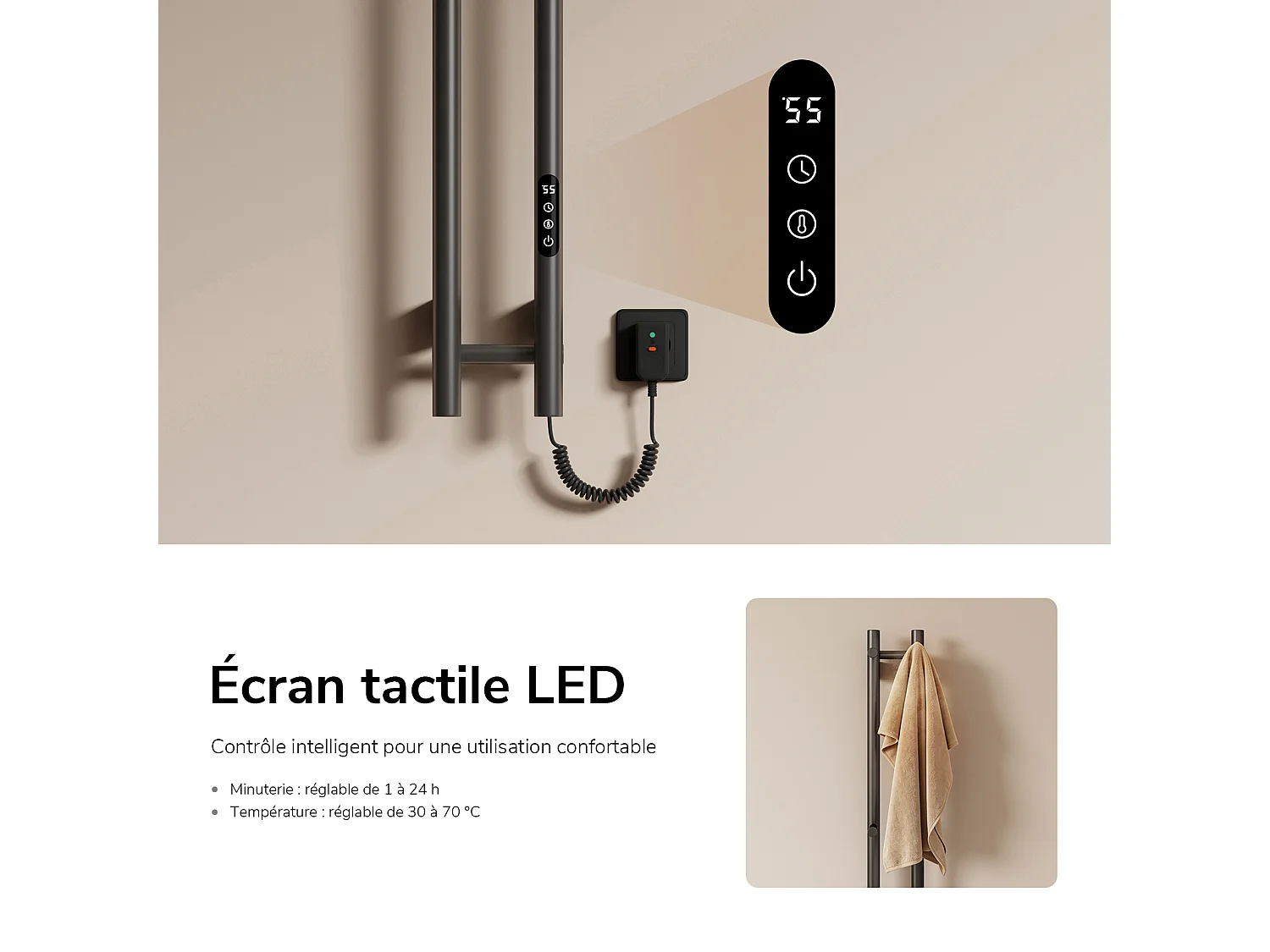 EMKE Sèche-serviettes électrique 120x12,4 cm, 145W, Radiateur Salle de Bain WiFi App/Alexa, Chauffage carbone, Gris