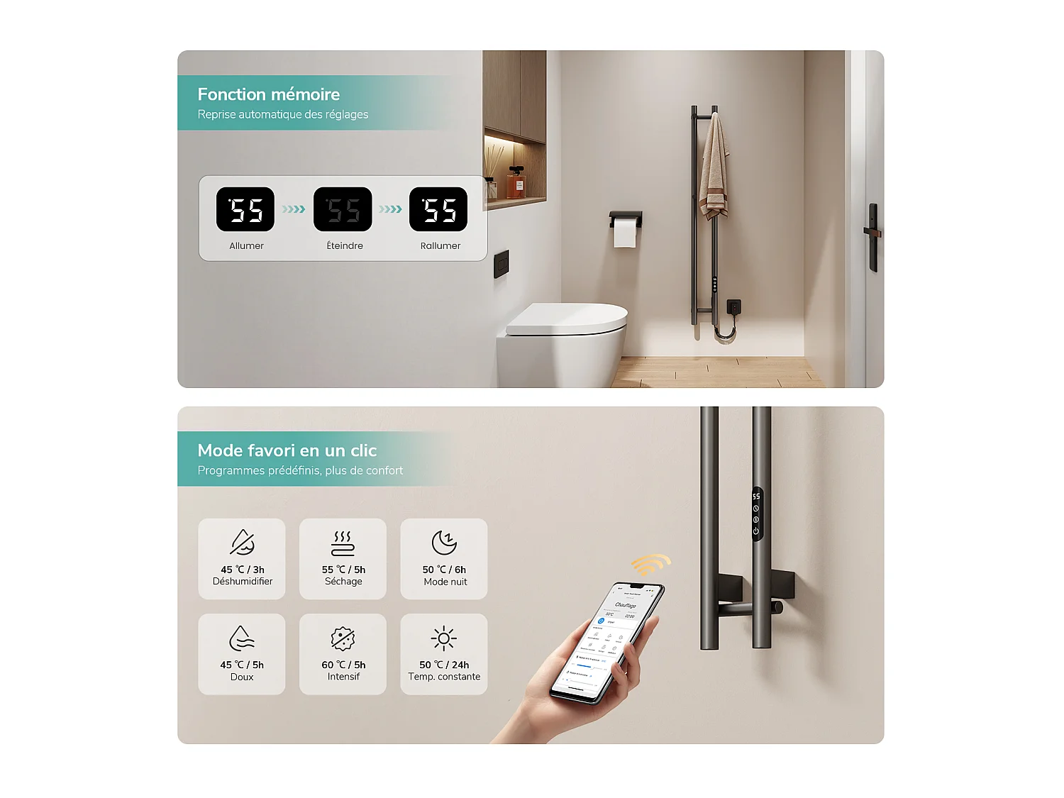 EMKE Sèche-serviettes électrique 120x12,4 cm, 145W, Radiateur Salle de Bain WiFi App/Alexa, Chauffage carbone, Gris