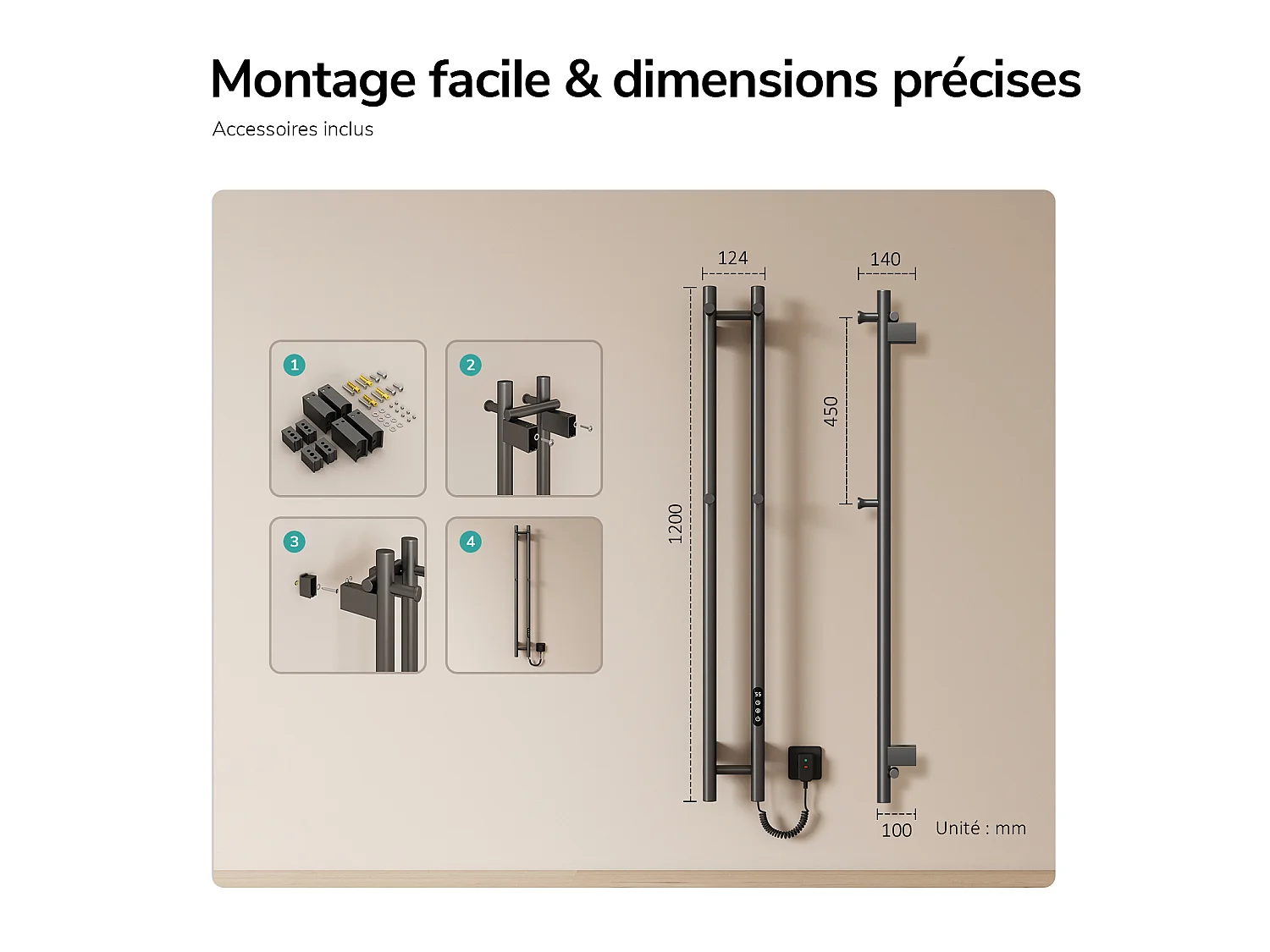 EMKE Sèche-serviettes électrique 120x12,4 cm, 145W, Radiateur Salle de Bain WiFi App/Alexa, Chauffage carbone, Gris
