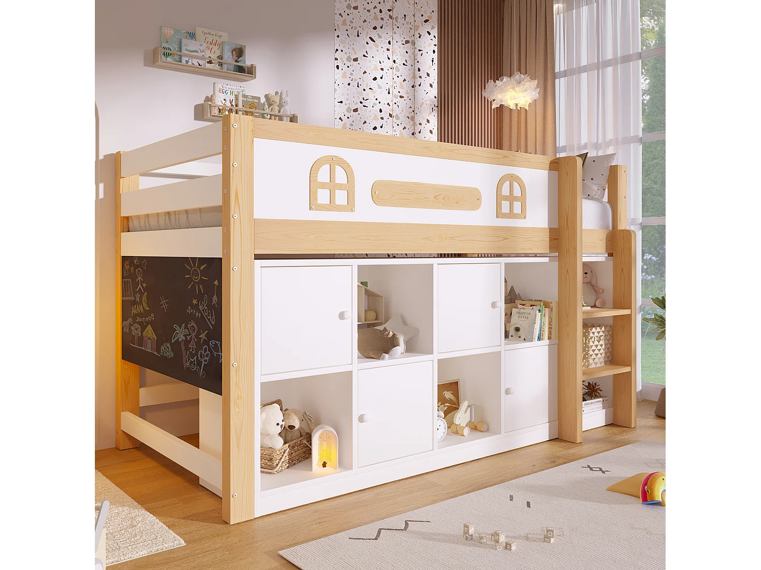 Lit enfant 90x200 cm - avec tableau noir - avec compartiments de rangement - avec échelle - blanc + couleur bois naturel (matelas non inclus)