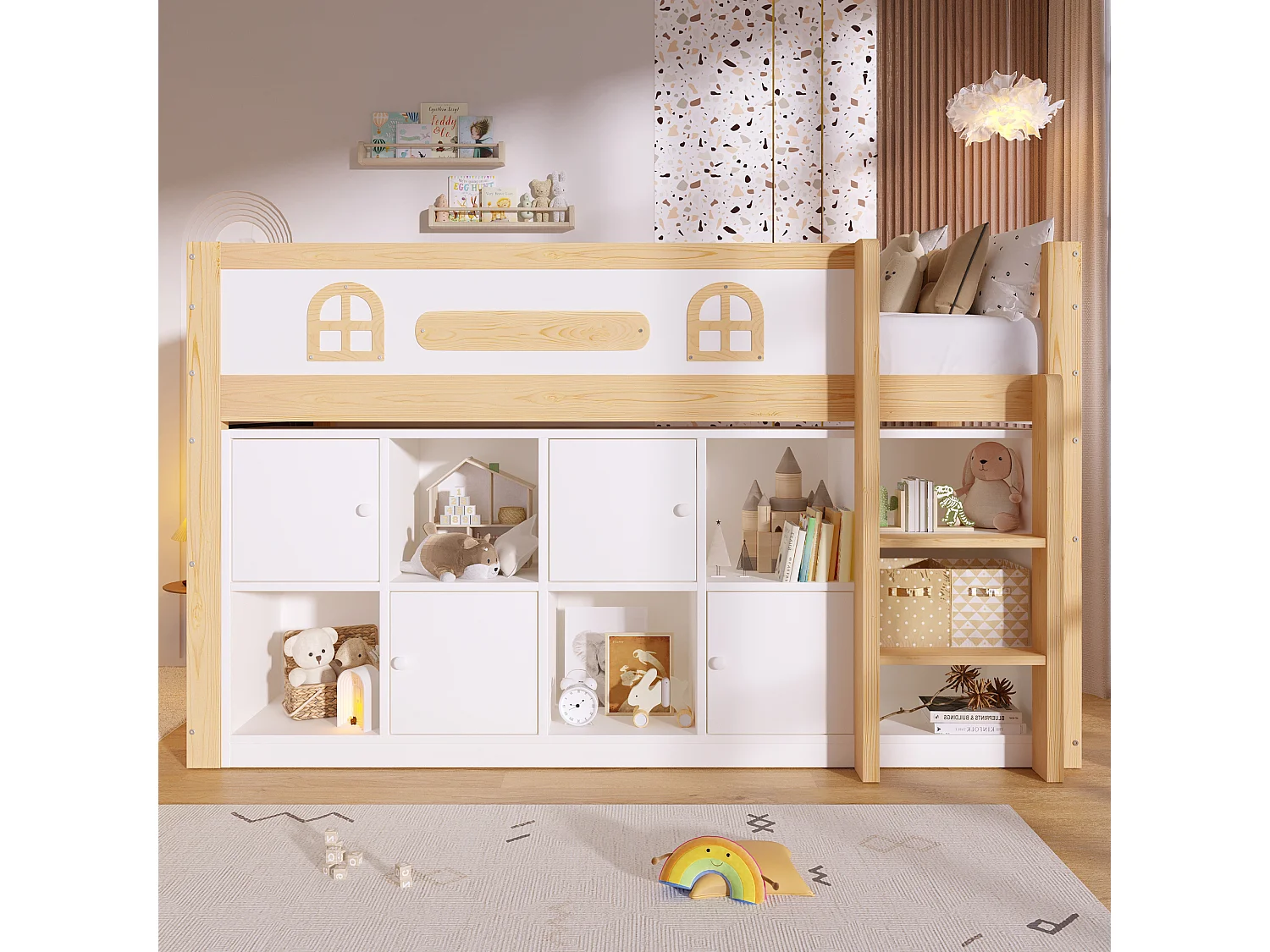 Lit enfant 90x200 cm - avec tableau noir - avec compartiments de rangement - avec échelle - blanc + couleur bois naturel (matelas non inclus)