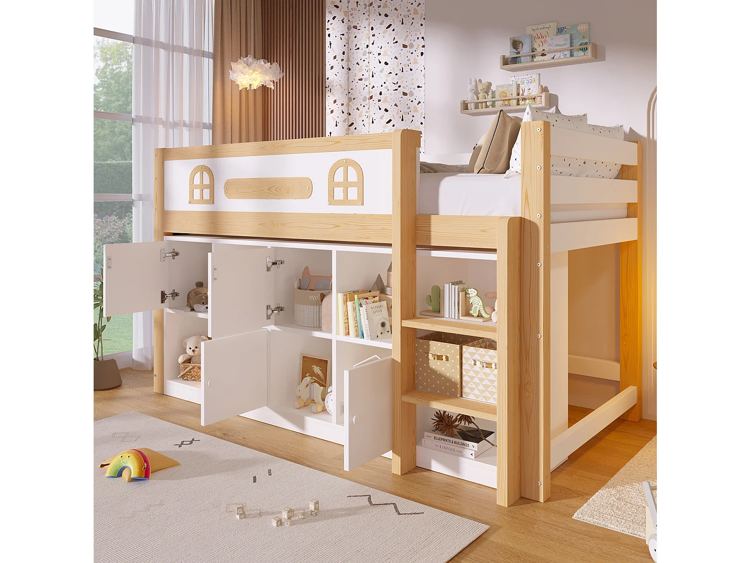 Lit enfant 90x200 cm - avec tableau noir - avec compartiments de rangement - avec échelle - blanc + couleur bois naturel (matelas non inclus)