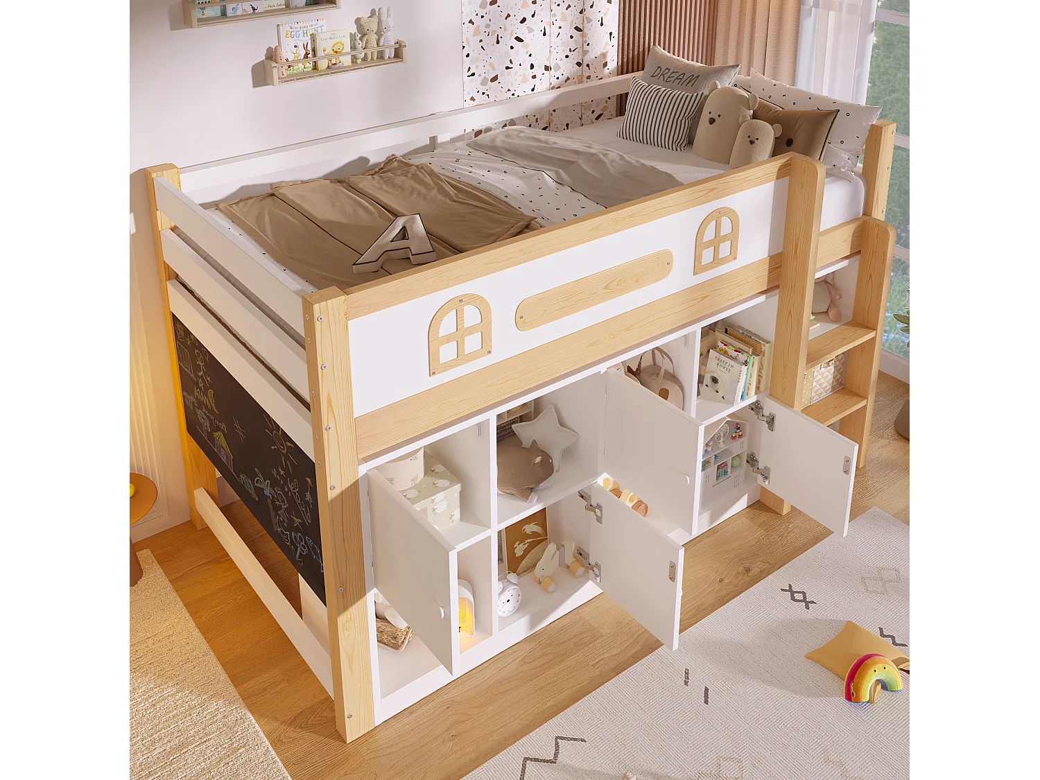 Lit enfant 90x200 cm - avec tableau noir - avec compartiments de rangement - avec échelle - blanc + couleur bois naturel (matelas non inclus)
