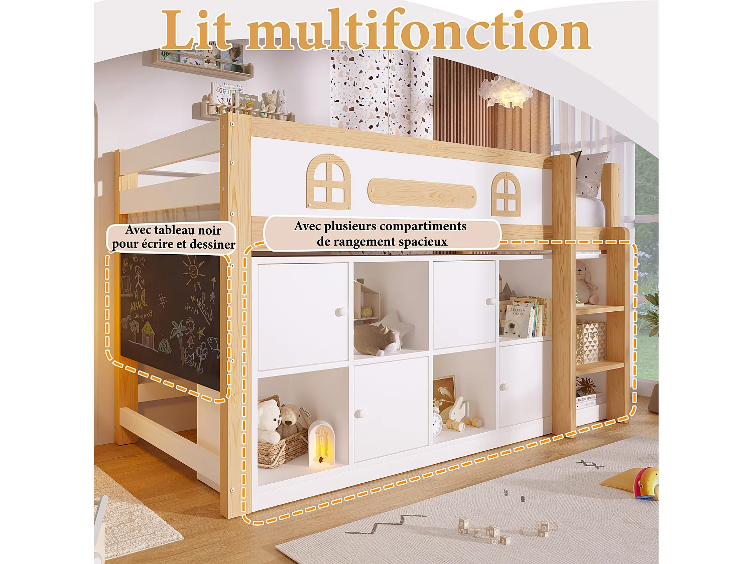 Lit enfant 90x200 cm - avec tableau noir - avec compartiments de rangement - avec échelle - blanc + couleur bois naturel (matelas non inclus)