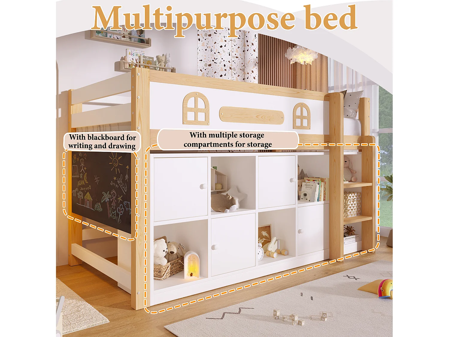 Lit enfant 90x200 cm - avec tableau noir - avec compartiments de rangement - avec échelle - blanc + couleur bois naturel (matelas non inclus)