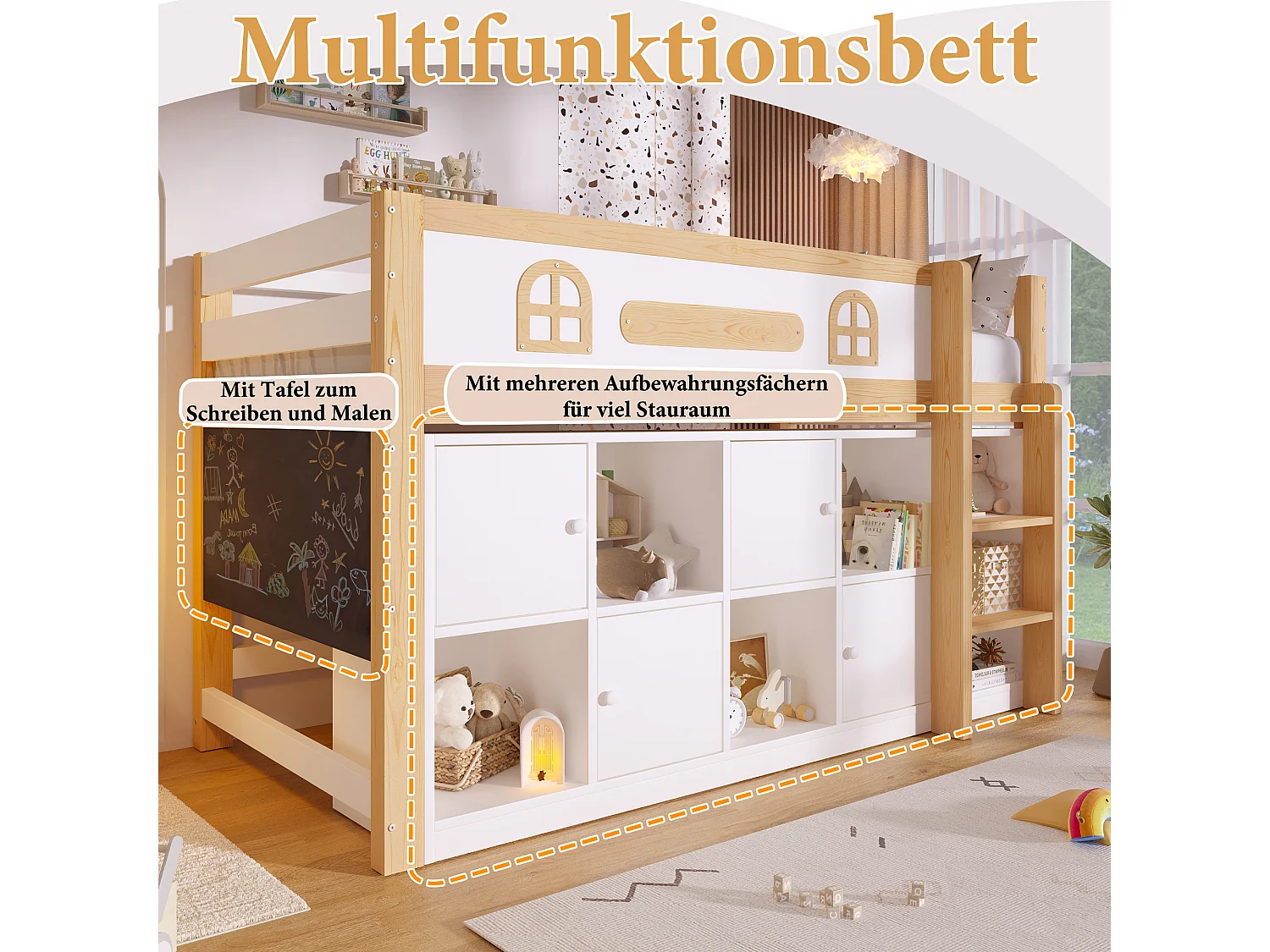Lit enfant 90x200 cm - avec tableau noir - avec compartiments de rangement - avec échelle - blanc + couleur bois naturel (matelas non inclus)