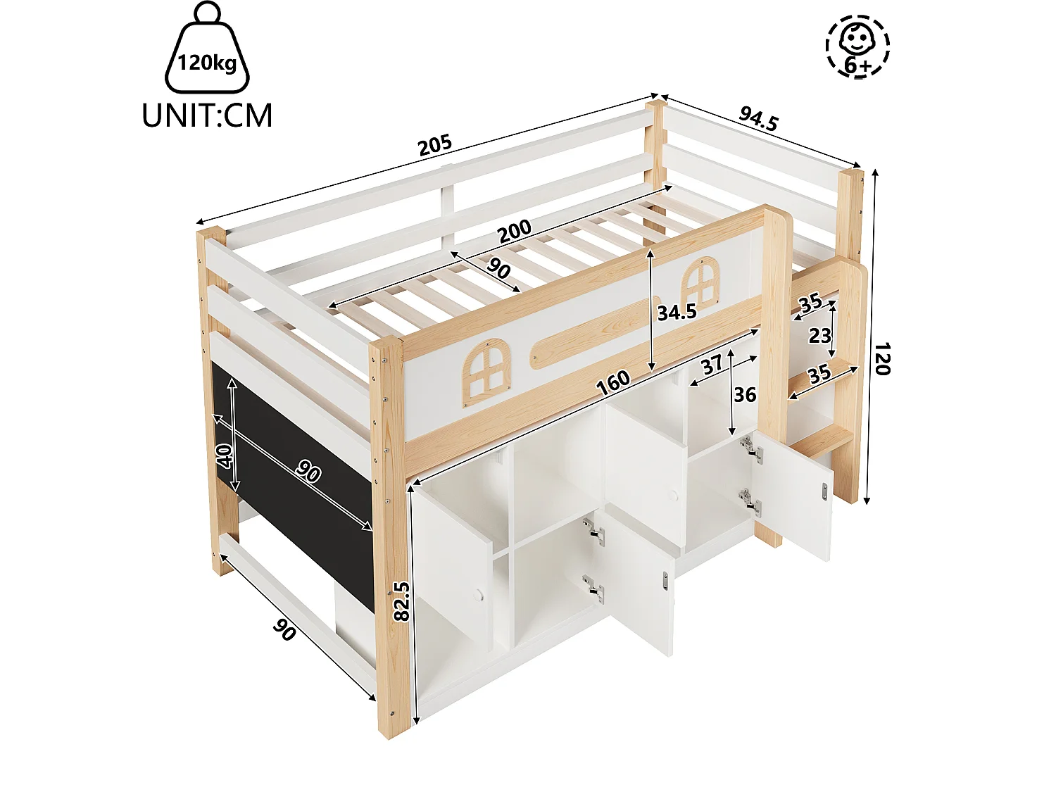 Lit enfant 90x200 cm - avec tableau noir - avec compartiments de rangement - avec échelle - blanc + couleur bois naturel (matelas non inclus)
