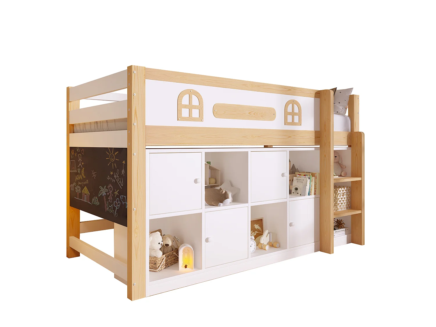 Lit enfant 90x200 cm - avec tableau noir - avec compartiments de rangement - avec échelle - blanc + couleur bois naturel (matelas non inclus)