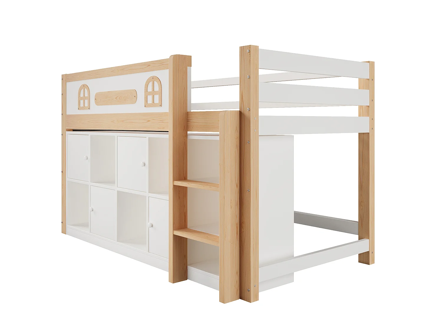 Lit enfant 90x200 cm - avec tableau noir - avec compartiments de rangement - avec échelle - blanc + couleur bois naturel (matelas non inclus)