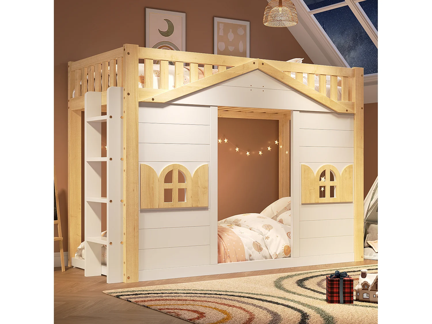Kids Loft Bed 90x200 cm - Window Design - Interchangeable Ladder - Solid Wood + MDF - White + Natural (Without Mattress)