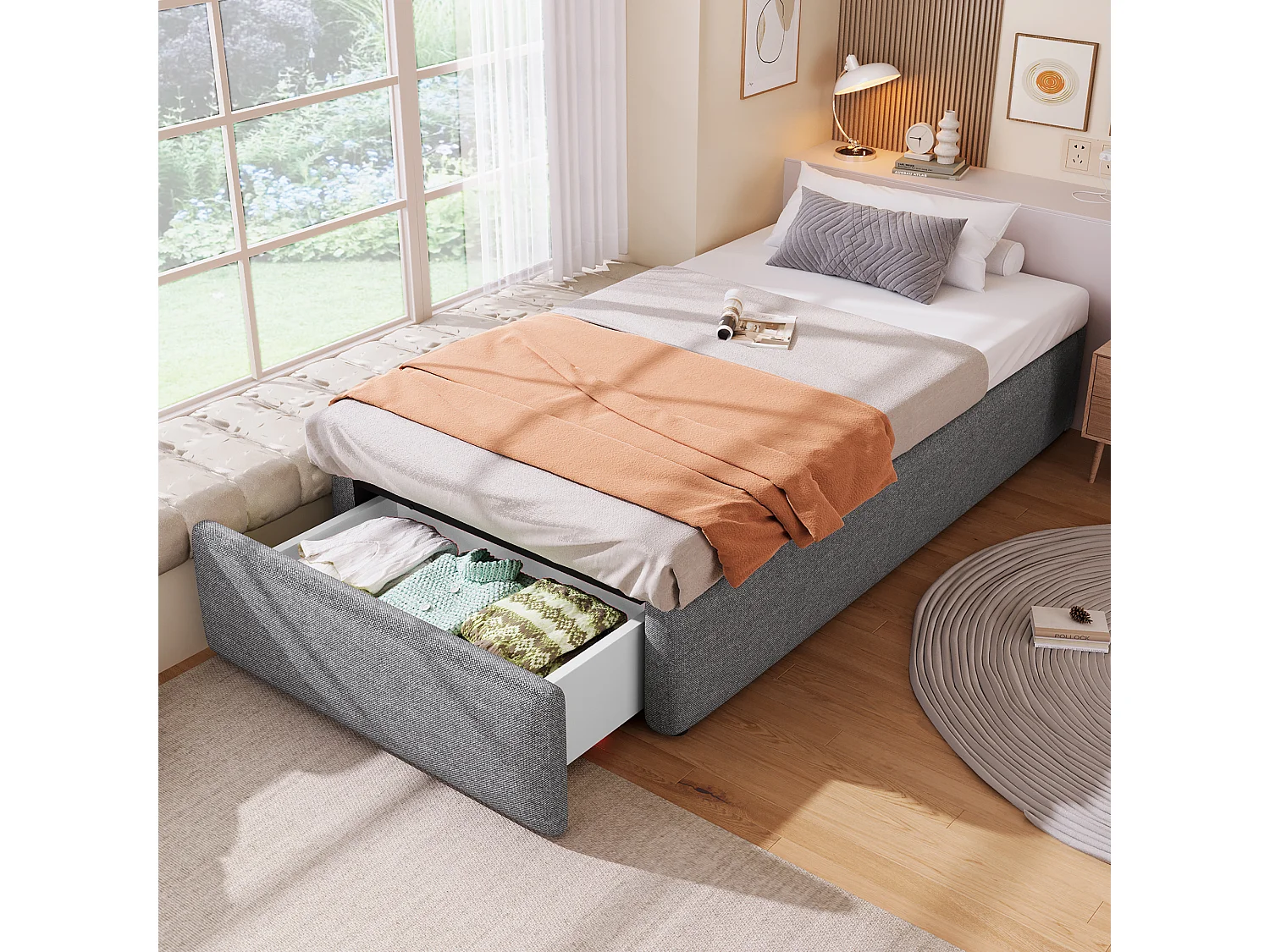 Upholstered Bed 90 × 200 cm with storage - without headboard - with 1 drawer - grey (mattress not included)