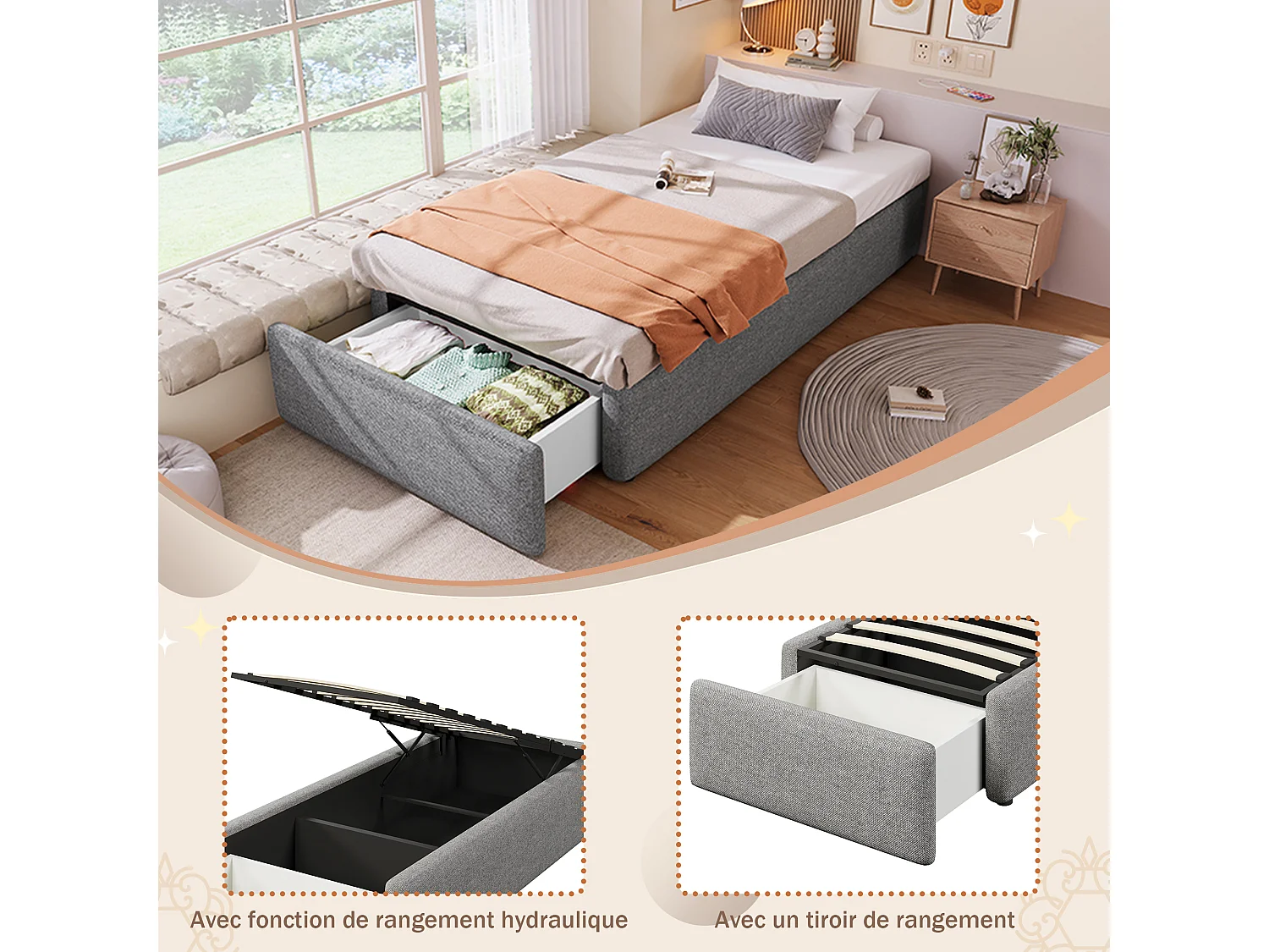Upholstered Bed 90 × 200 cm with storage - without headboard - with 1 drawer - grey (mattress not included)