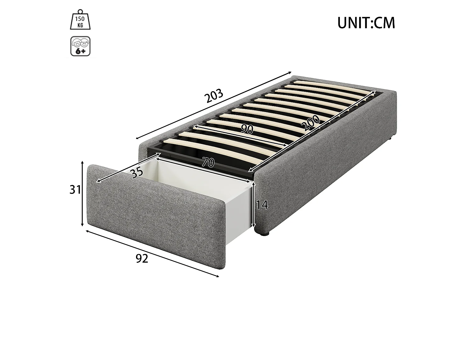 Upholstered Bed 90 × 200 cm with storage - without headboard - with 1 drawer - grey (mattress not included)