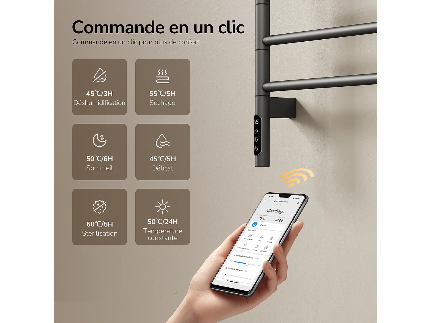 EMKE Sèche-serviettes électrique salle de bain, Barres Pivotantes 180 degrés, 78 x 45 cm, WiFi App/Alexa, Écran tactile, Gris