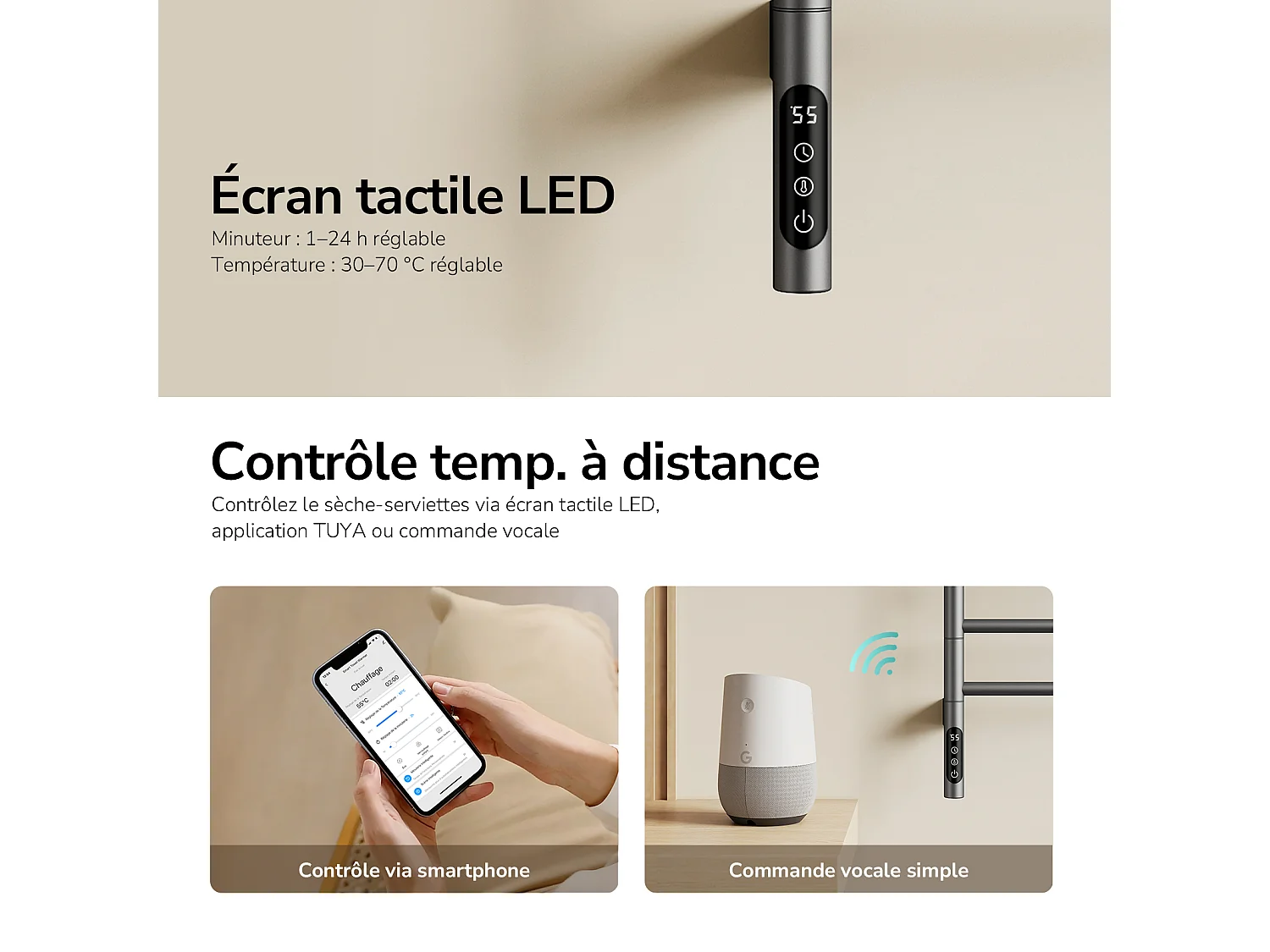 EMKE Sèche-serviettes électrique salle de bain, Barres Pivotantes 180 degrés, 78 x 45 cm, WiFi App/Alexa, Écran tactile, Gris