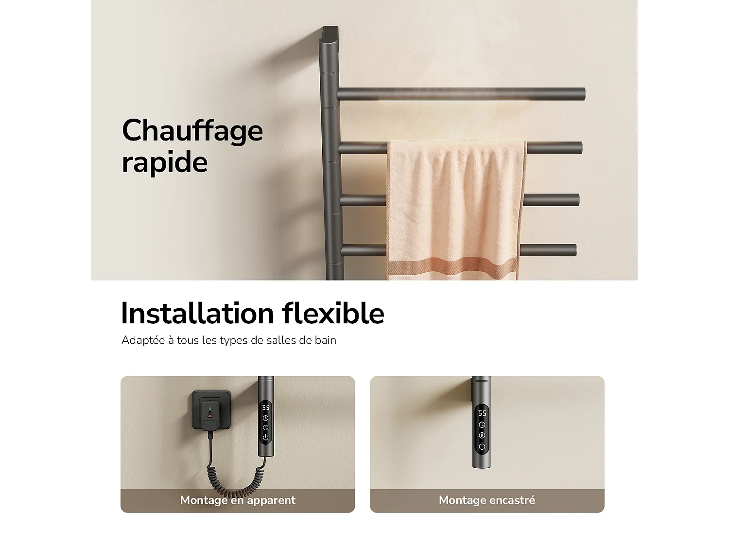 EMKE Sèche-serviettes électrique salle de bain, Barres Pivotantes 180 degrés, 78 x 45 cm, WiFi App/Alexa, Écran tactile, Gris