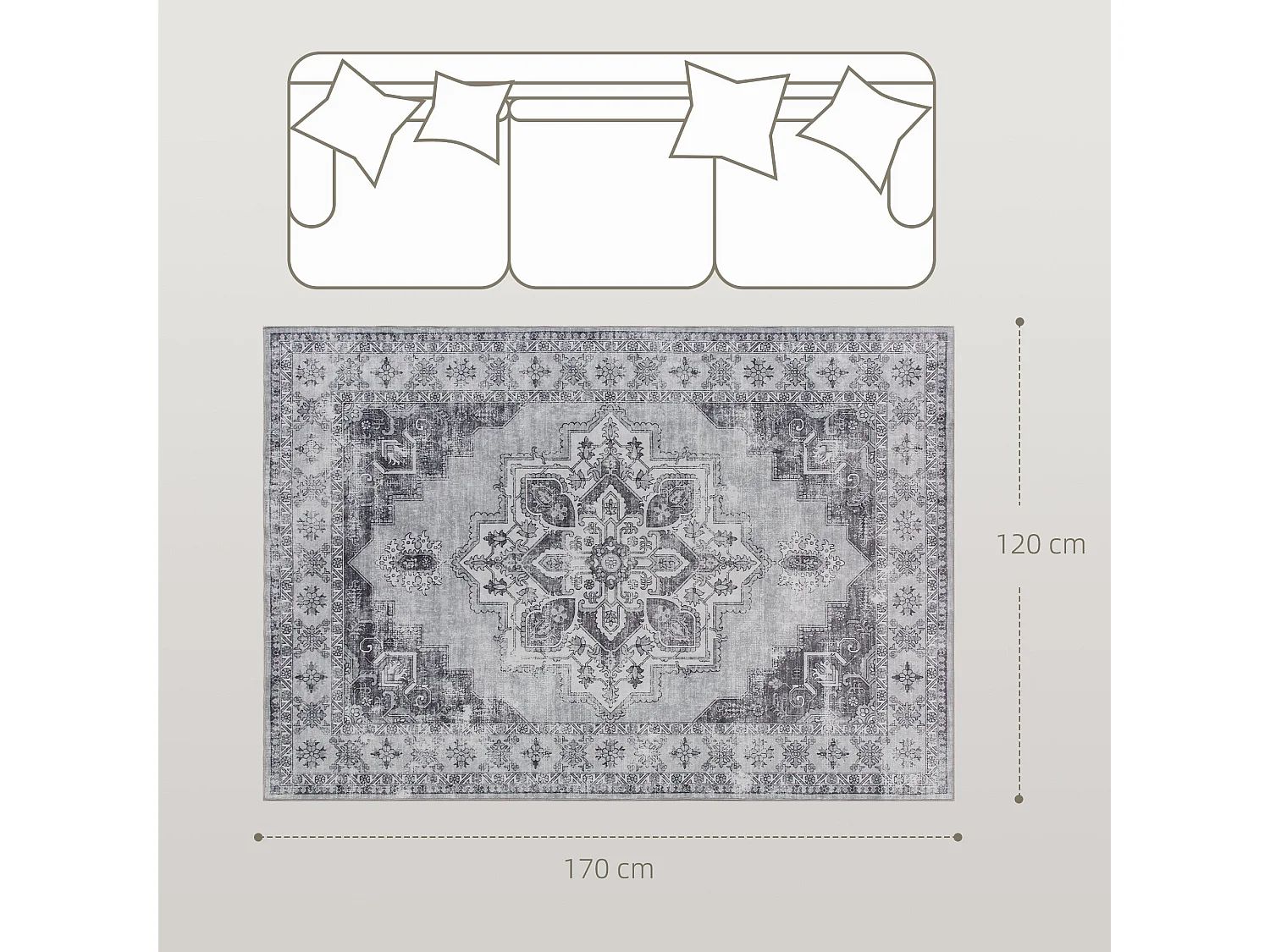 Linimi 170 x 120cm Grey Vintage Style Non Slip Washable Polyester Rug