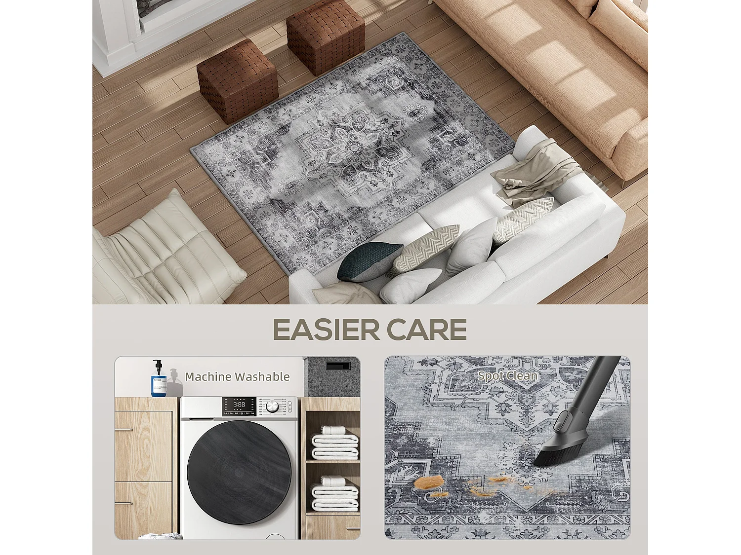 Linimi 170 x 120cm Grey Vintage Style Non Slip Washable Polyester Rug