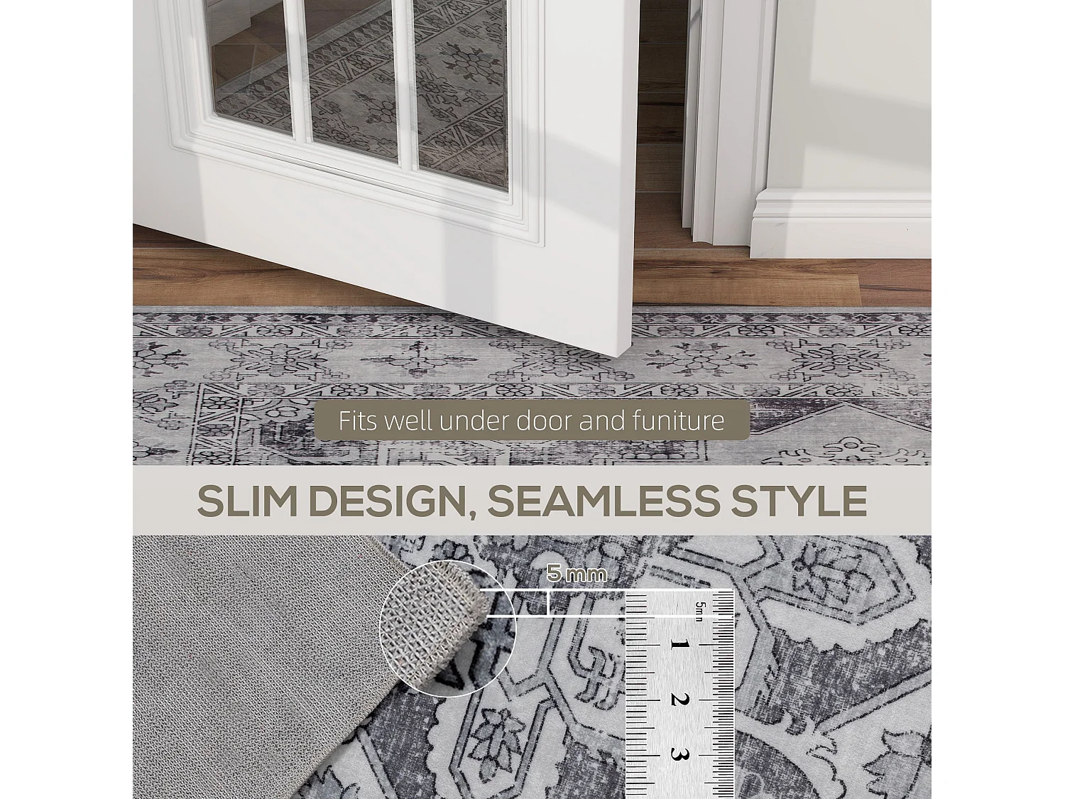 Linimi 170 x 120cm Grey Vintage Style Non Slip Washable Polyester Rug