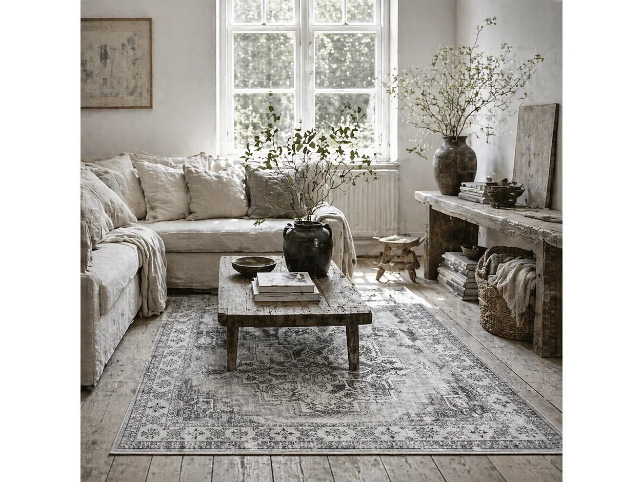 Linimi 170 x 120cm Grey Vintage Style Non Slip Washable Polyester Rug