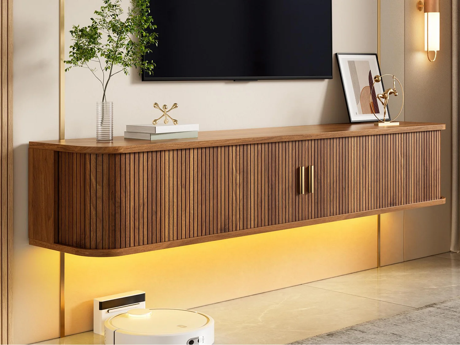 Wand-TV-Möbel 175x30x30 cm - mit LED-Beleuchtung - 2 Schiebetüren und 1 Schublade - abgerundete Ecken - MDF - braun