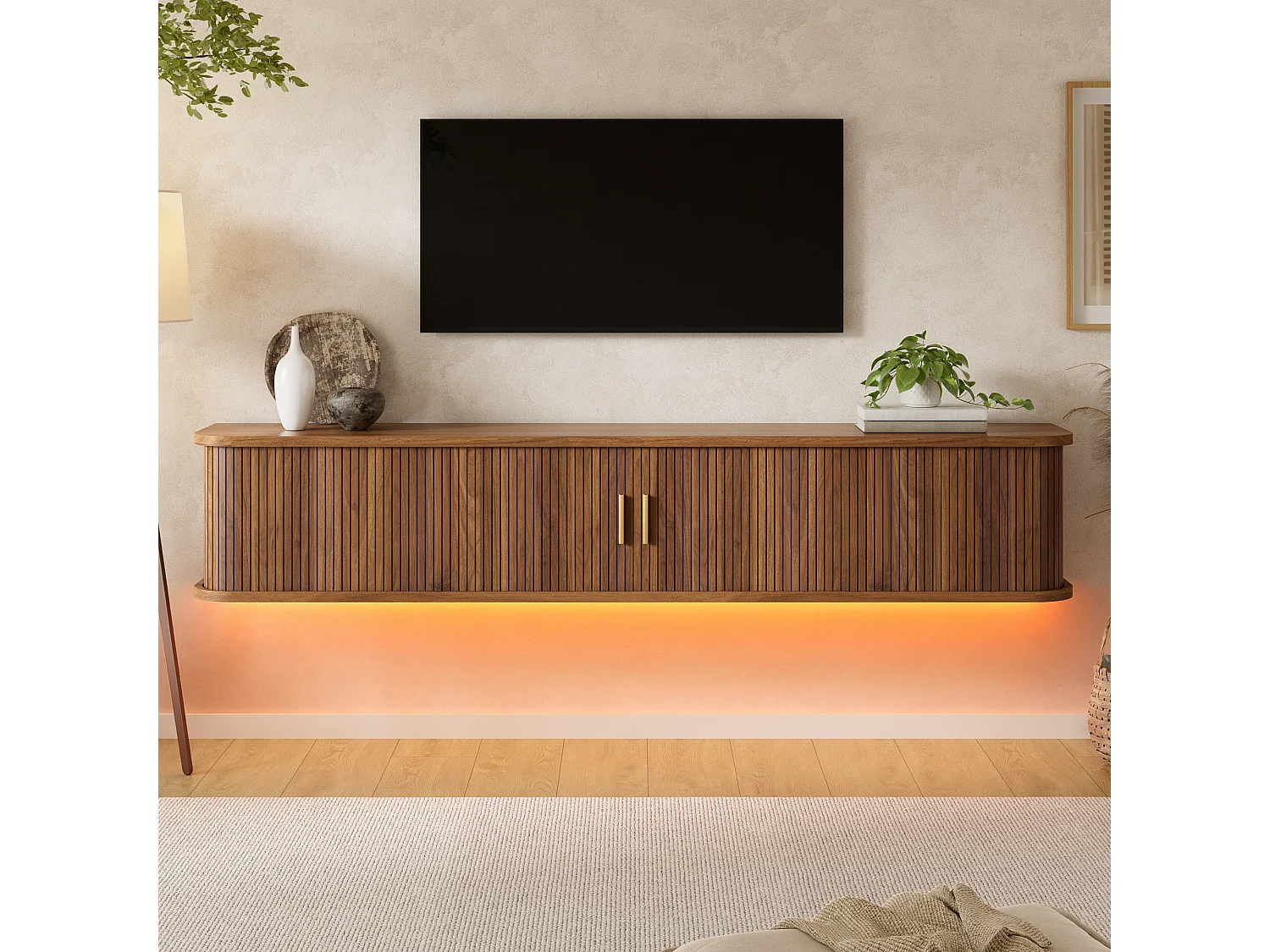 Wand-TV-Möbel 175x30x30 cm - mit LED-Beleuchtung - 2 Schiebetüren und 1 Schublade - abgerundete Ecken - MDF - braun