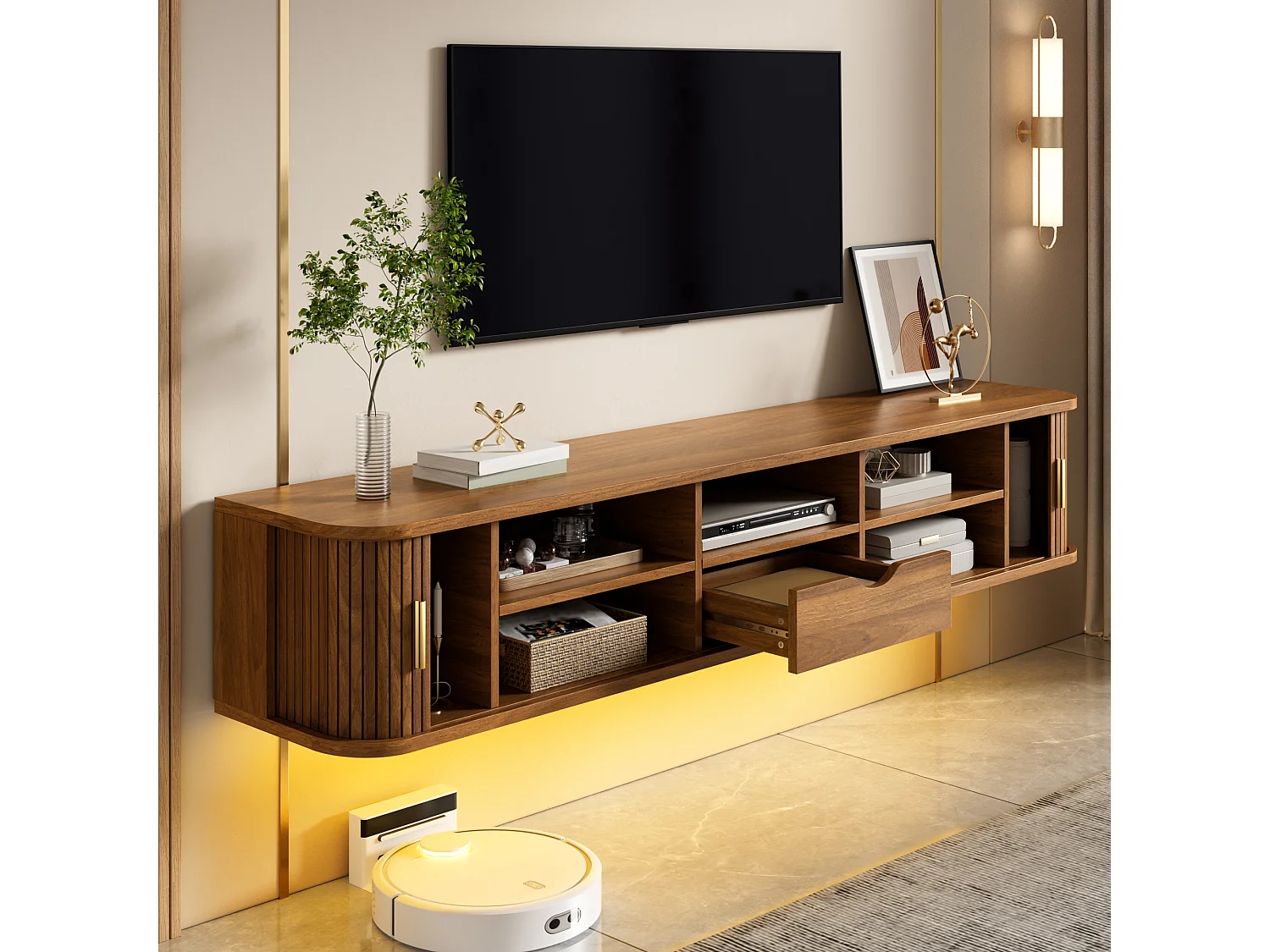 Wand-TV-Möbel 175x30x30 cm - mit LED-Beleuchtung - 2 Schiebetüren und 1 Schublade - abgerundete Ecken - MDF - braun