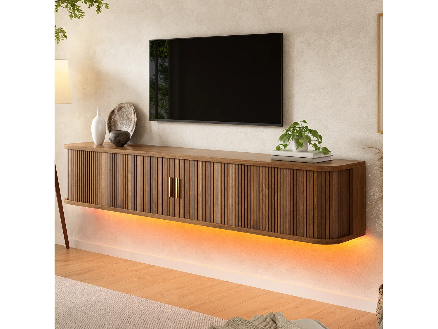 Wand-TV-Möbel 175x30x30 cm - mit LED-Beleuchtung - 2 Schiebetüren und 1 Schublade - abgerundete Ecken - MDF - braun