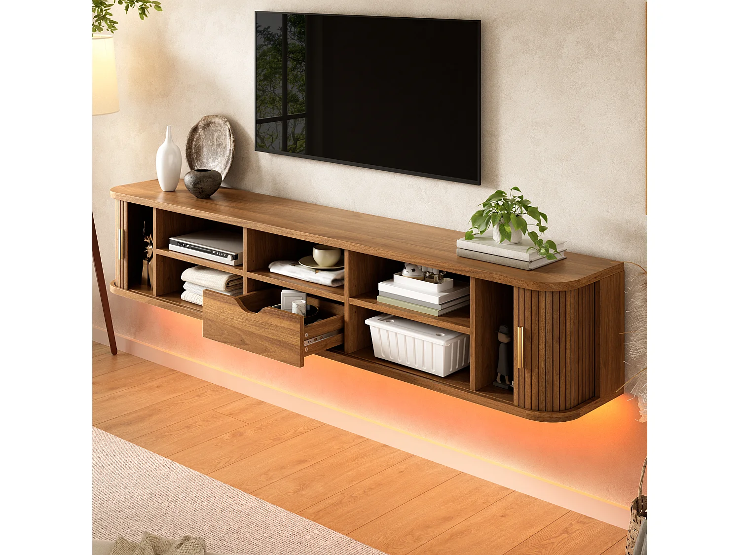 Wand-TV-Möbel 175x30x30 cm - mit LED-Beleuchtung - 2 Schiebetüren und 1 Schublade - abgerundete Ecken - MDF - braun