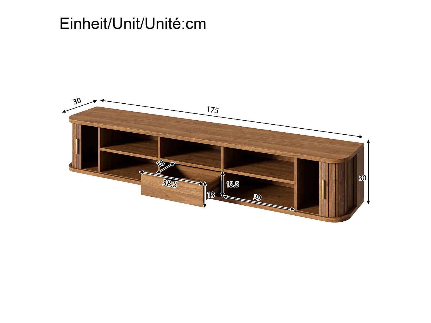 Wand-TV-Möbel 175x30x30 cm - mit LED-Beleuchtung - 2 Schiebetüren und 1 Schublade - abgerundete Ecken - MDF - braun