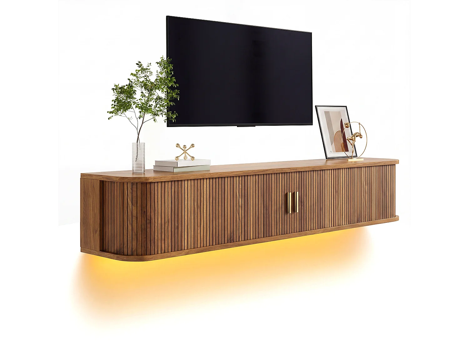 Wand-TV-Möbel 175x30x30 cm - mit LED-Beleuchtung - 2 Schiebetüren und 1 Schublade - abgerundete Ecken - MDF - braun