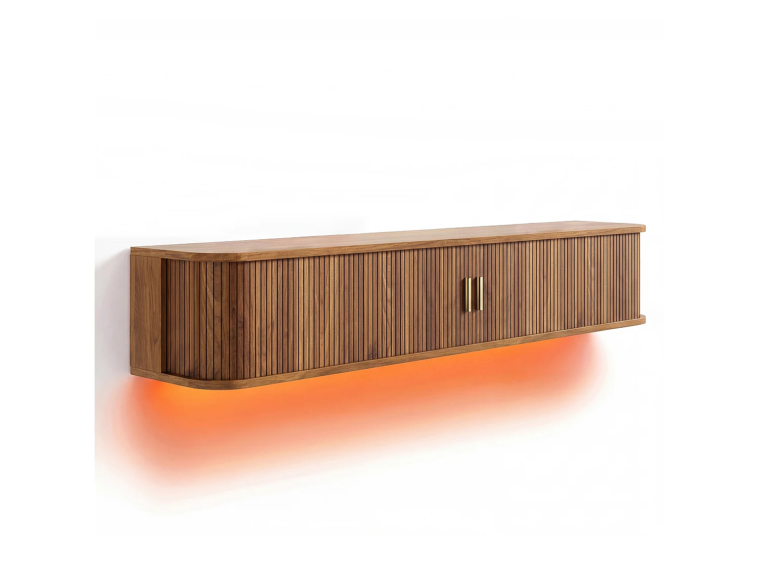 Wand-TV-Möbel 175x30x30 cm - mit LED-Beleuchtung - 2 Schiebetüren und 1 Schublade - abgerundete Ecken - MDF - braun