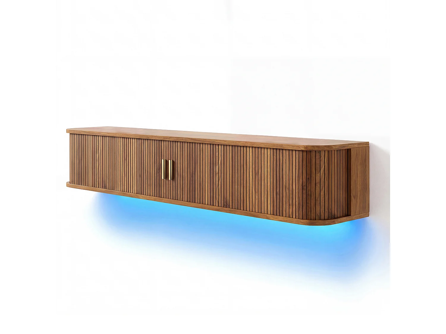 Wand-TV-Möbel 175x30x30 cm - mit LED-Beleuchtung - 2 Schiebetüren und 1 Schublade - abgerundete Ecken - MDF - braun