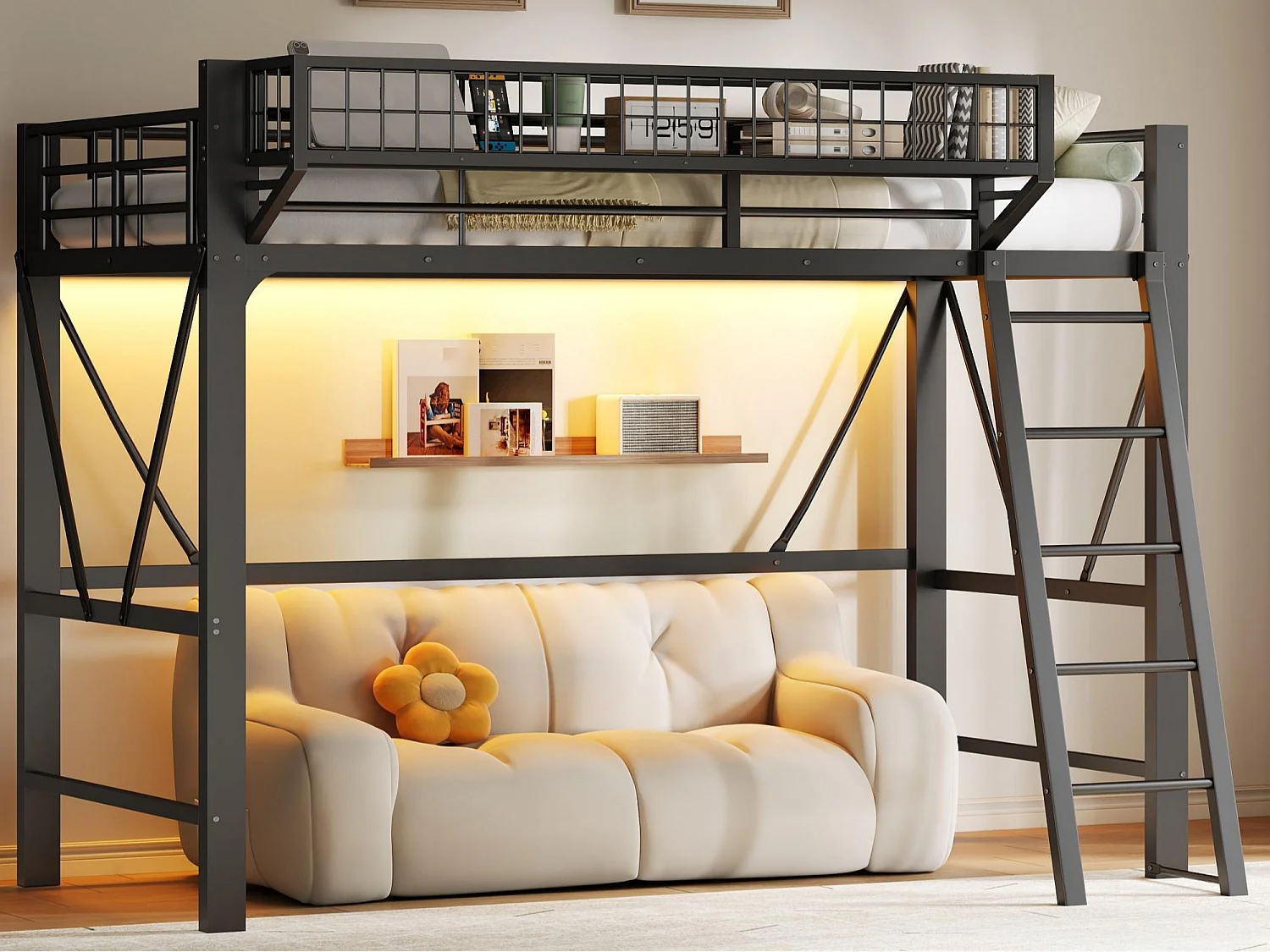 Lit mezzanine en métal 90x200 cm - avec panier de rangement - avec LED - avec barrière de sécurité - Noir (Matelas non inclus)