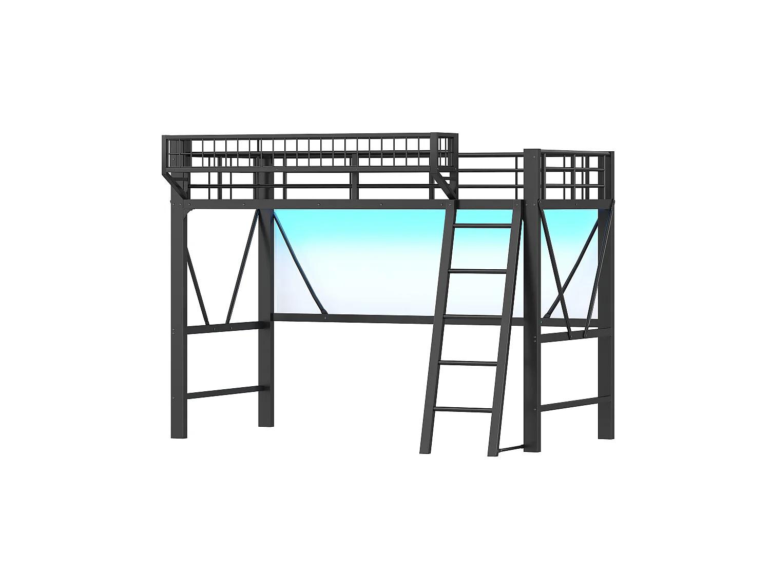 Lit mezzanine en métal 90x200 cm - avec panier de rangement - avec LED - avec barrière de sécurité - Noir (Matelas non inclus)