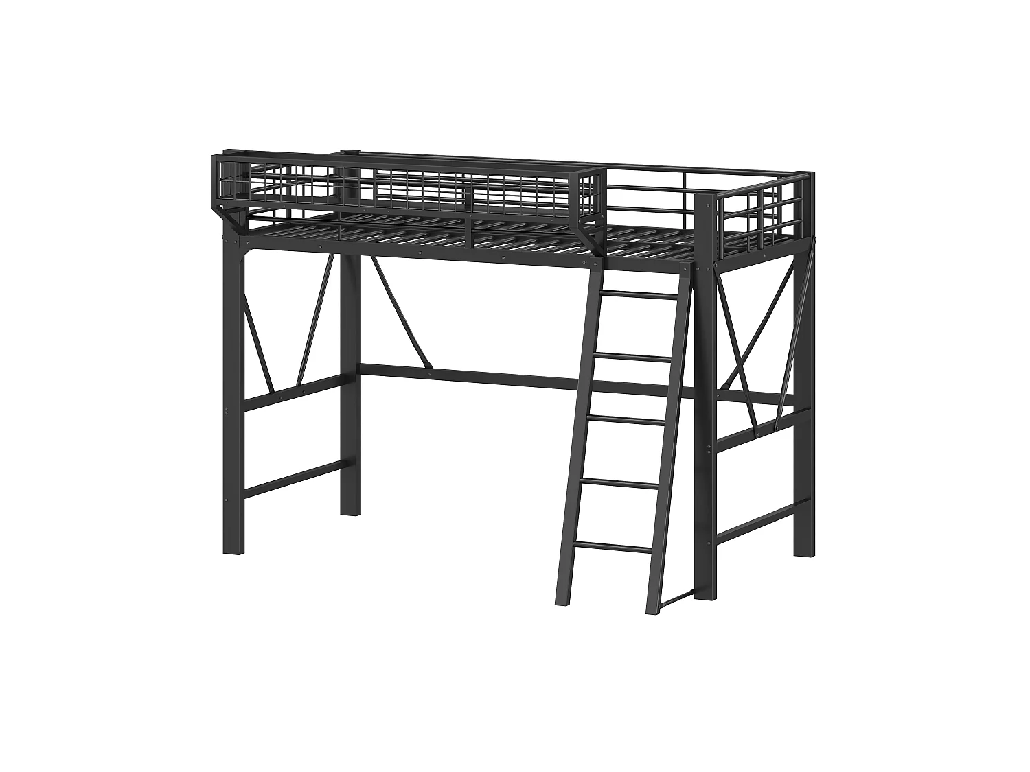 Lit mezzanine en métal 90x200 cm - avec panier de rangement - avec LED - avec barrière de sécurité - Noir (Matelas non inclus)