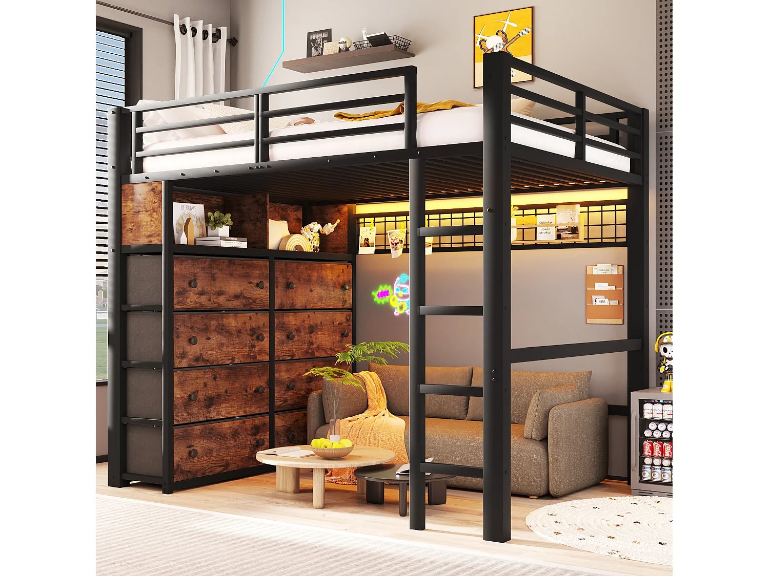 Cama alta em metal 140 × 200 cm - com 8 gavetas - com iluminação LED, prateleiras e painel perfurado - preto (colchão não incluído)