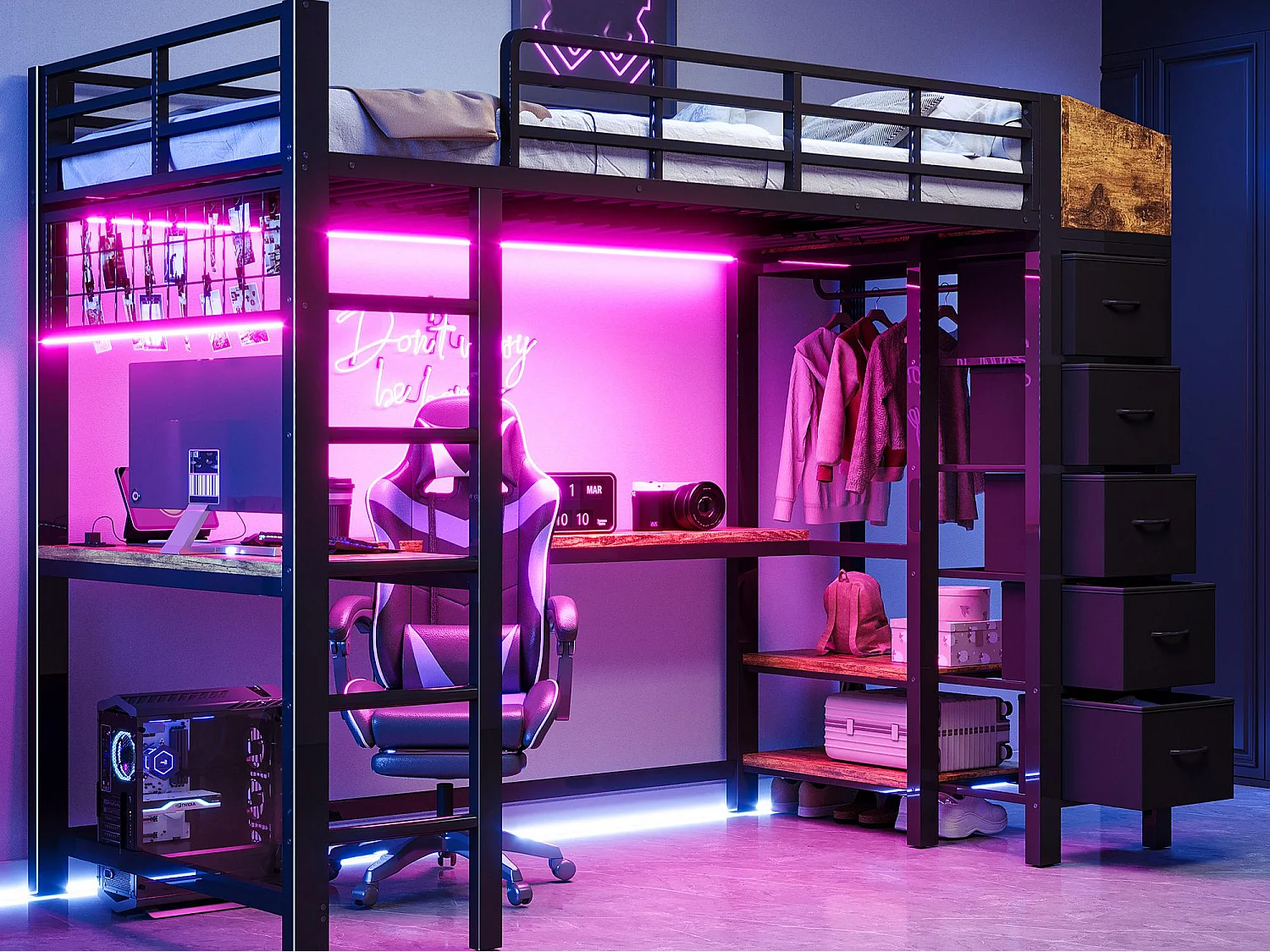 Lit mezzanine en métal 90×200cm - avec prise électrique - avec ports USB et Type-C - avec éclairage LED - avec 5 tiroirs en tissu - noir