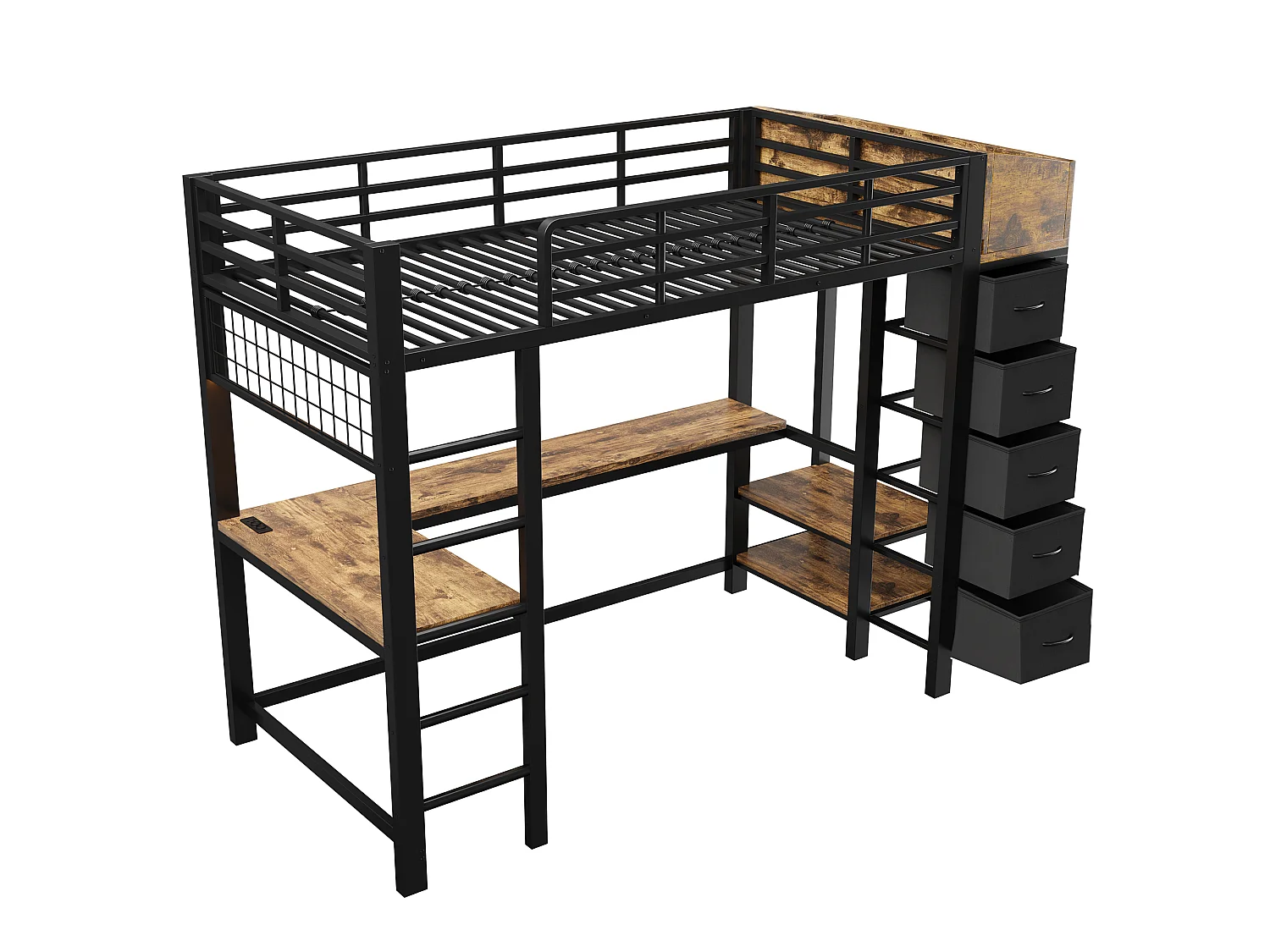 Lit mezzanine en métal 90×200cm - avec prise électrique - avec ports USB et Type-C - avec éclairage LED - avec 5 tiroirs en tissu - noir