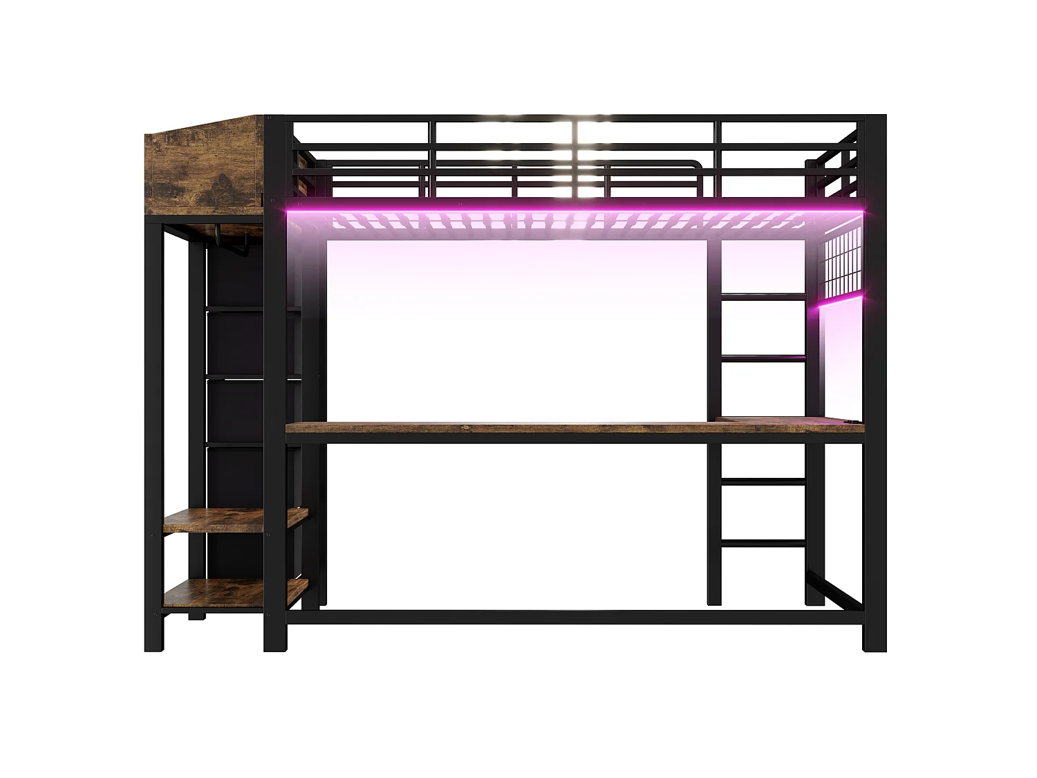 Lit mezzanine en métal 90×200cm - avec prise électrique - avec ports USB et Type-C - avec éclairage LED - avec 5 tiroirs en tissu - noir