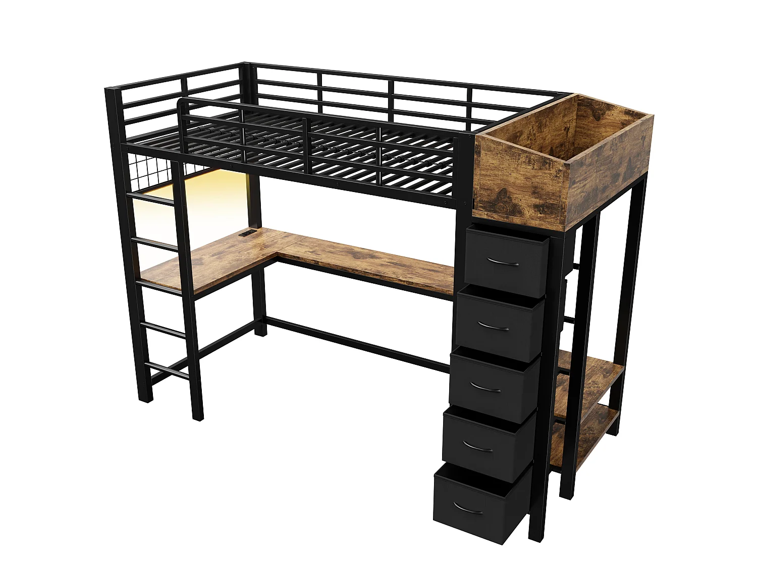 Lit mezzanine en métal 90×200cm - avec prise électrique - avec ports USB et Type-C - avec éclairage LED - avec 5 tiroirs en tissu - noir