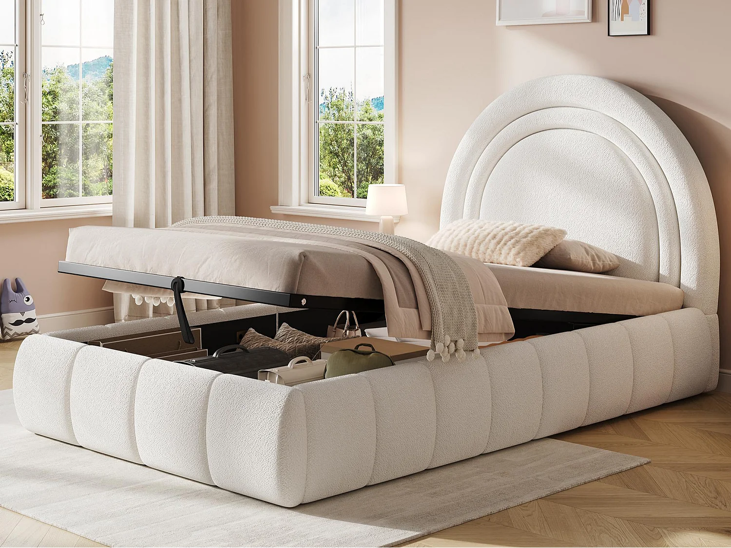 Upholstered Storage Bed 90 × 200 cm - Kids Bed - bouclé fabric - with slatted base - beige (mattress not included)