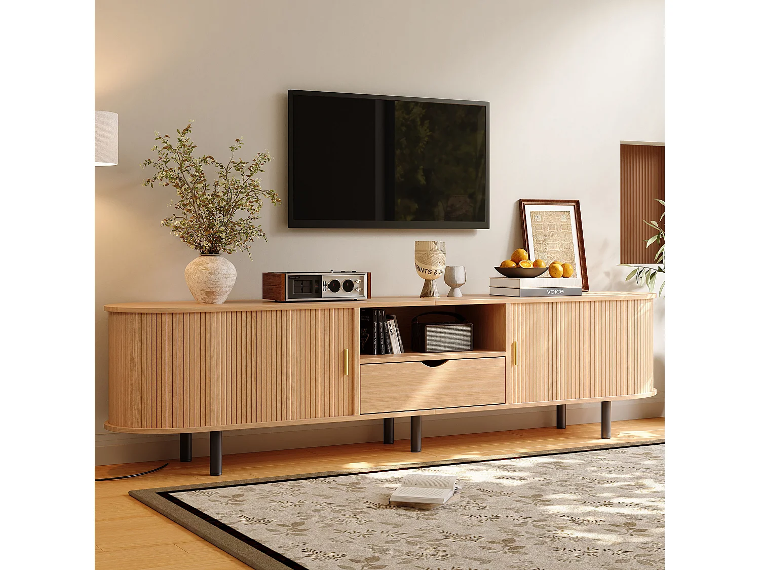 Meuble TV moderne 175x40x55 cm - Angles arrondis - 2 portes coulissantes et 1 tiroir - MDF - Naturel