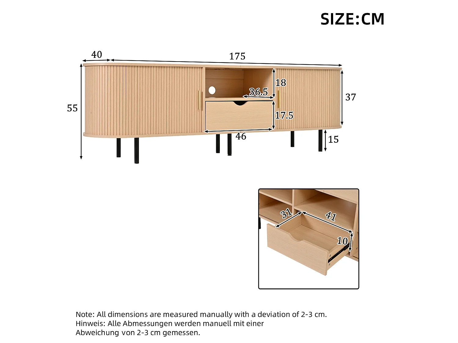 Meuble TV moderne 175x40x55 cm - Angles arrondis - 2 portes coulissantes et 1 tiroir - MDF - Naturel