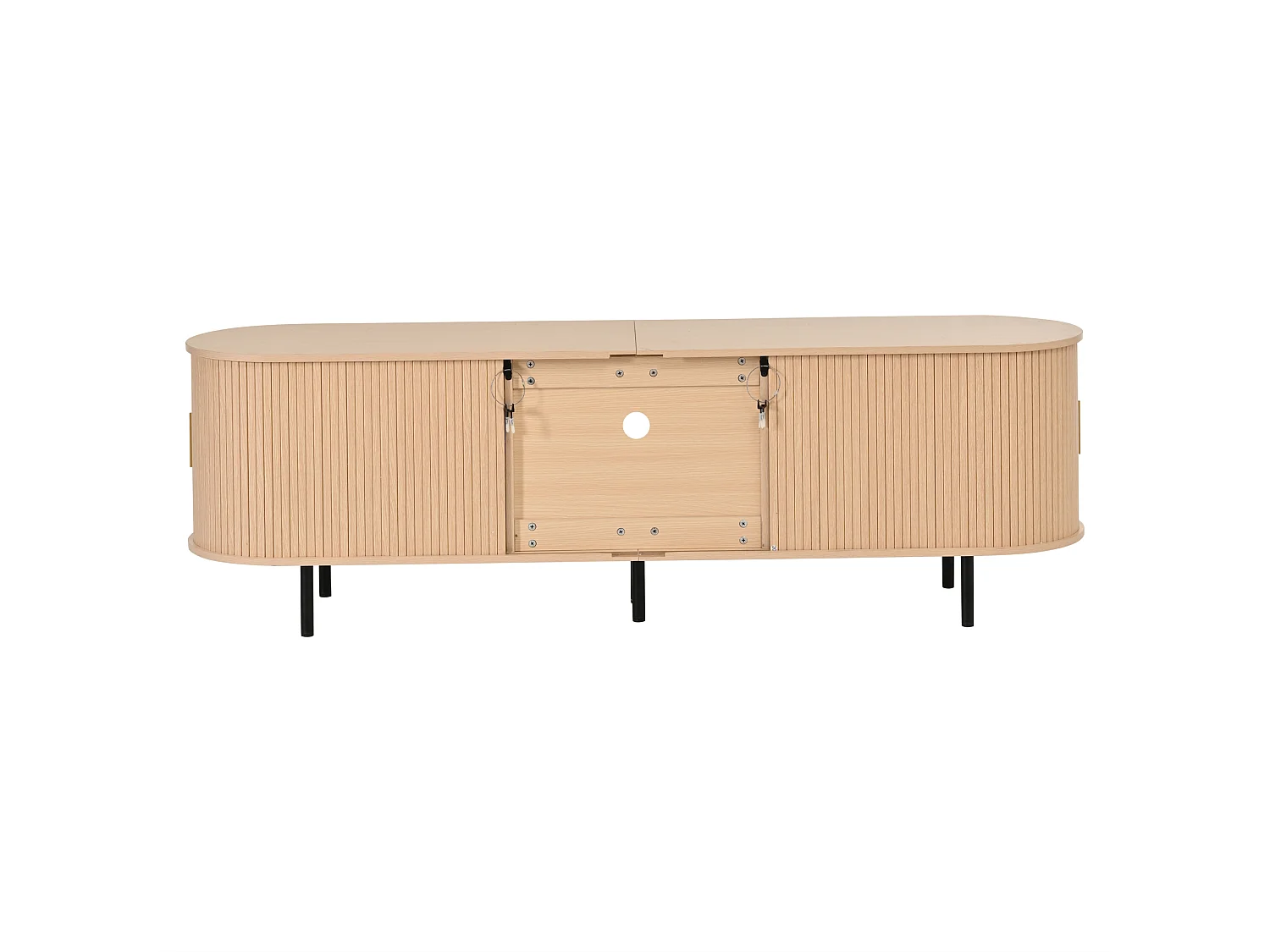 Meuble TV moderne 175x40x55 cm - Angles arrondis - 2 portes coulissantes et 1 tiroir - MDF - Naturel