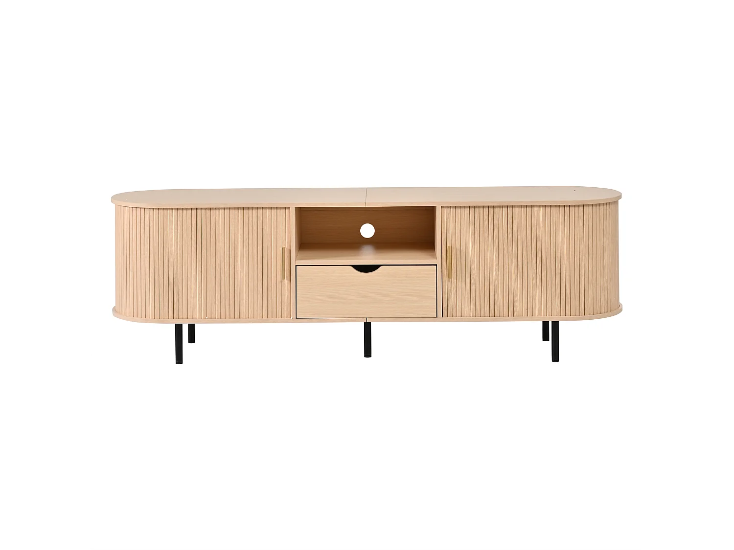Meuble TV moderne 175x40x55 cm - Angles arrondis - 2 portes coulissantes et 1 tiroir - MDF - Naturel